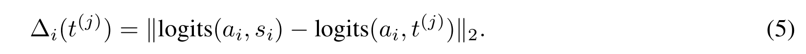 Δᵢ(t⁽ʲ⁾) = ‖logits(aᵢ,sᵢ) − logits(aᵢ,t⁽ʲ⁾)‖₂，原公式编号 5